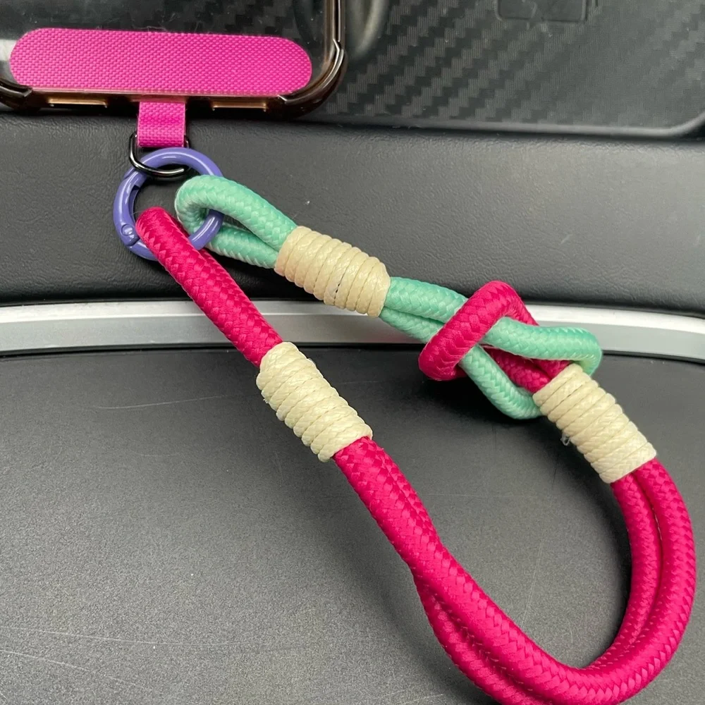 Phone Wrist Lanyard Bright Pink & Mint Rope with Purple Ring
